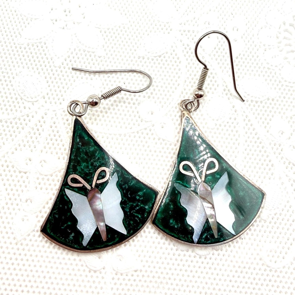 Vintage Mexican Alpaca Silver Green Enamel and Abalone Butterfly Dangle Earrings